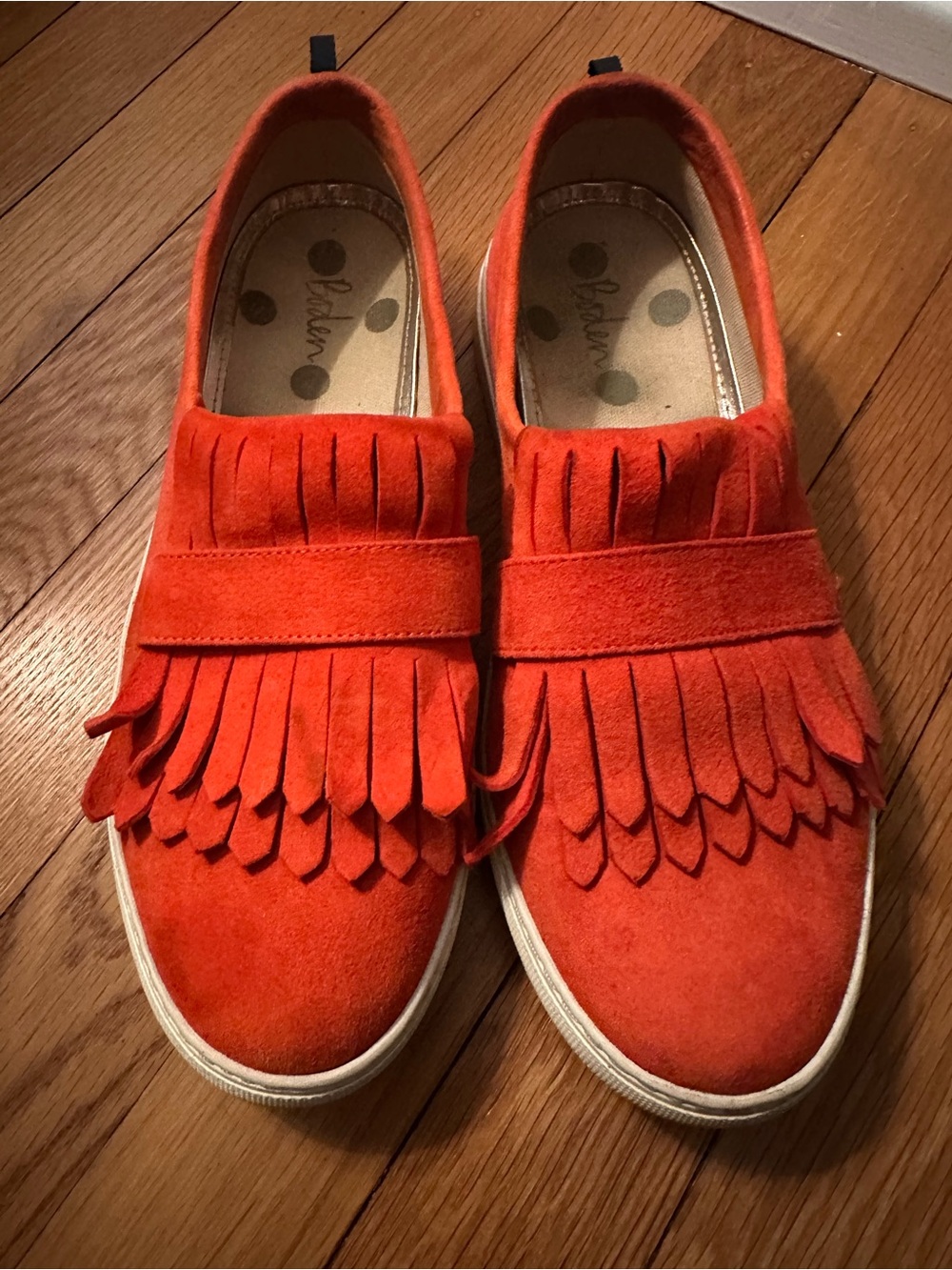 BODEN  Red suede fringe fashion sneakers. A fun wear to brighten up any outfit.